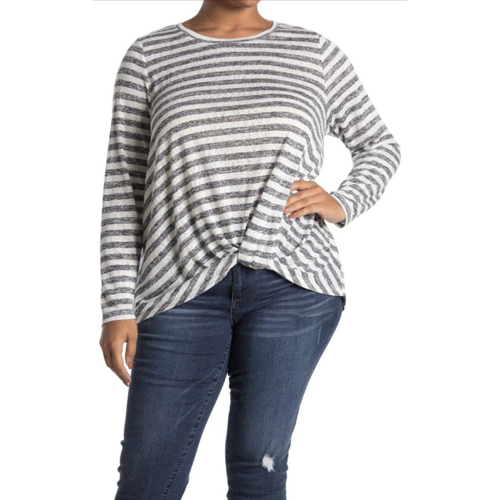 Bobeau Womens T-Shirt Heathered Long Sleeve Stretch Twist Front Hem 1X Ivory/Gr